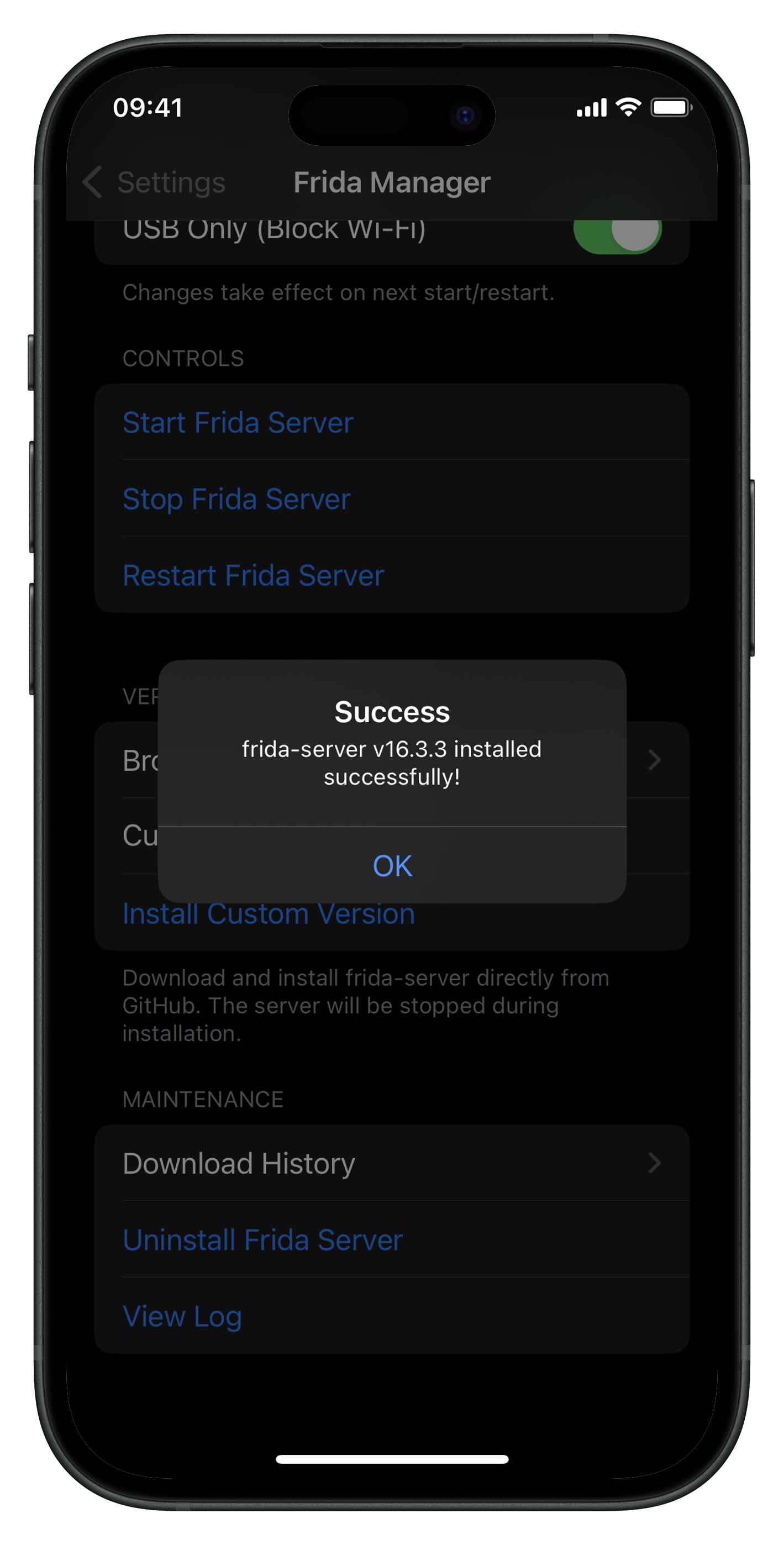 Download progress dialog showing frida-server installation