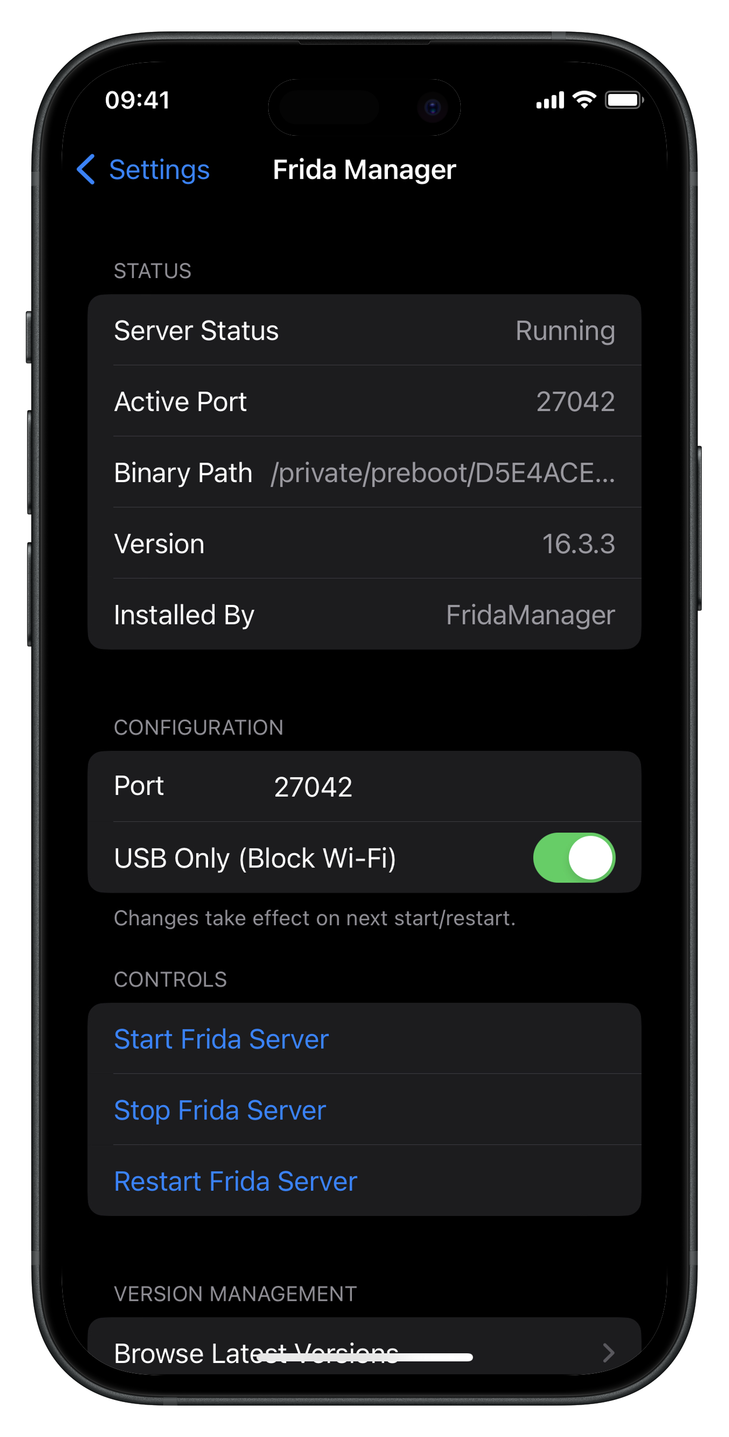 Status section showing frida-server running on port 27042